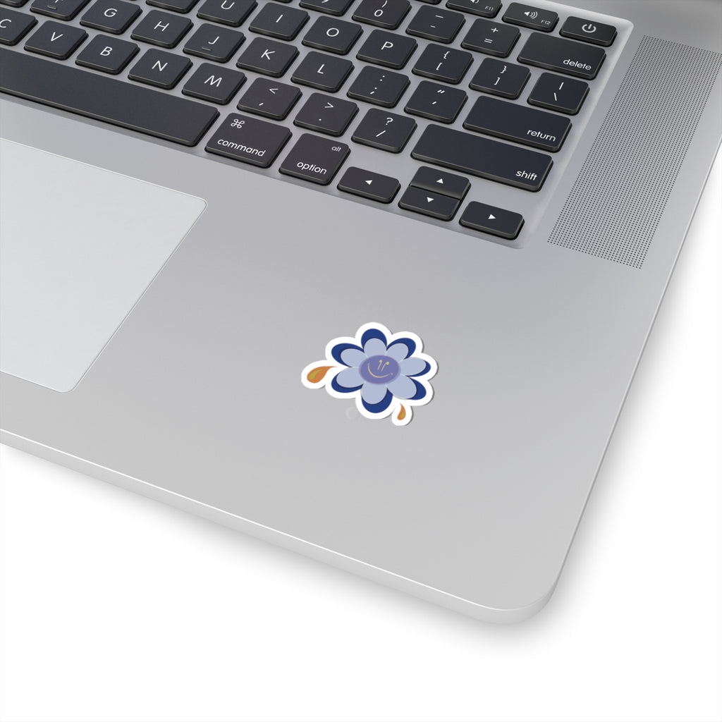 Blue Smiley Flower Kiss-Cut Sticker — Cute Laptop & Water Bottle Decal