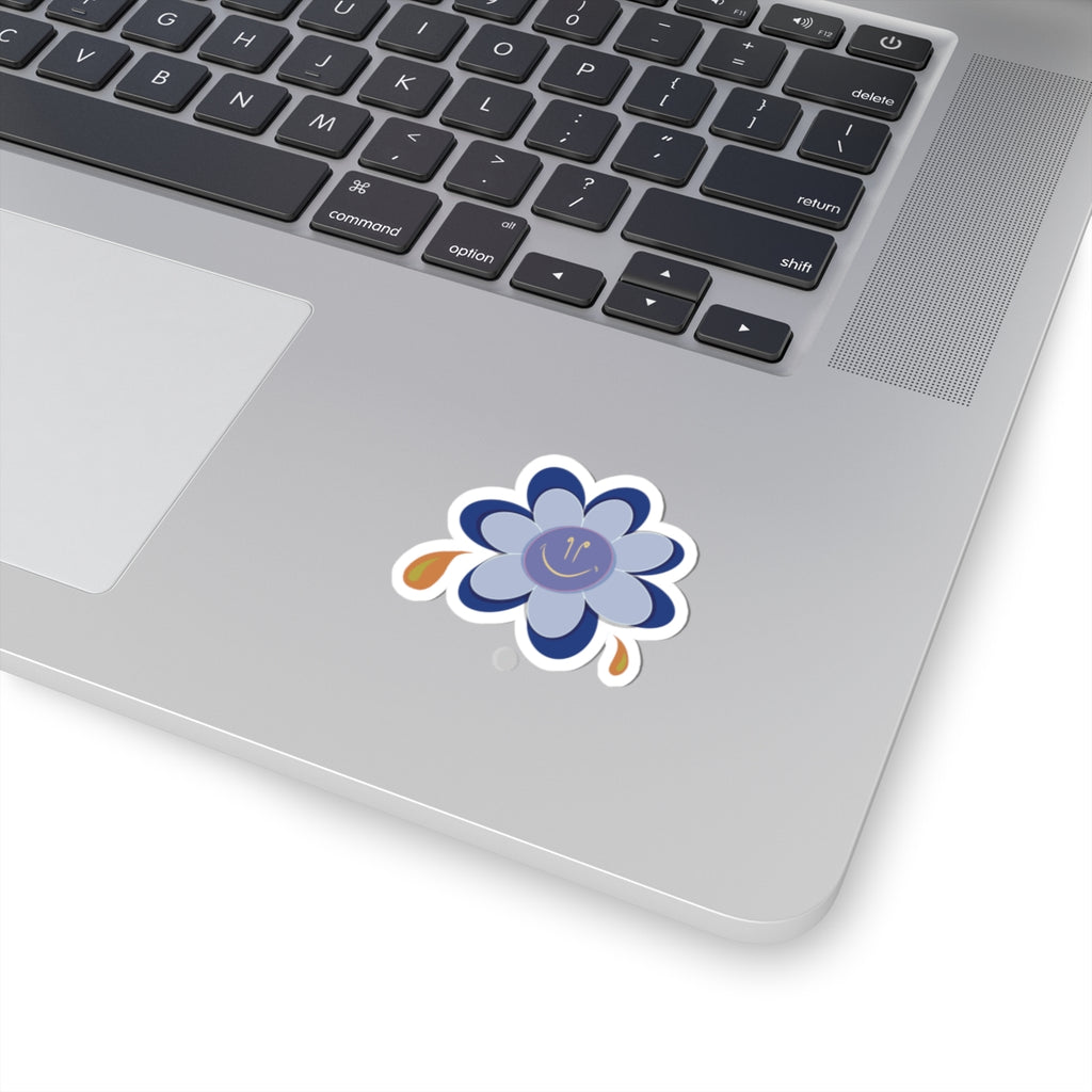 Blue Smiley Flower Kiss-Cut Sticker — Cute Laptop & Water Bottle Decal