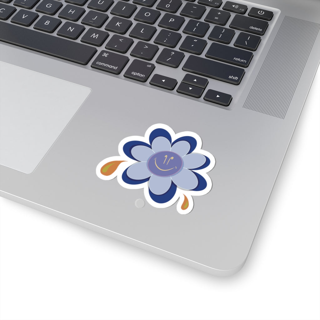 Blue Smiley Flower Kiss-Cut Sticker — Cute Laptop & Water Bottle Decal