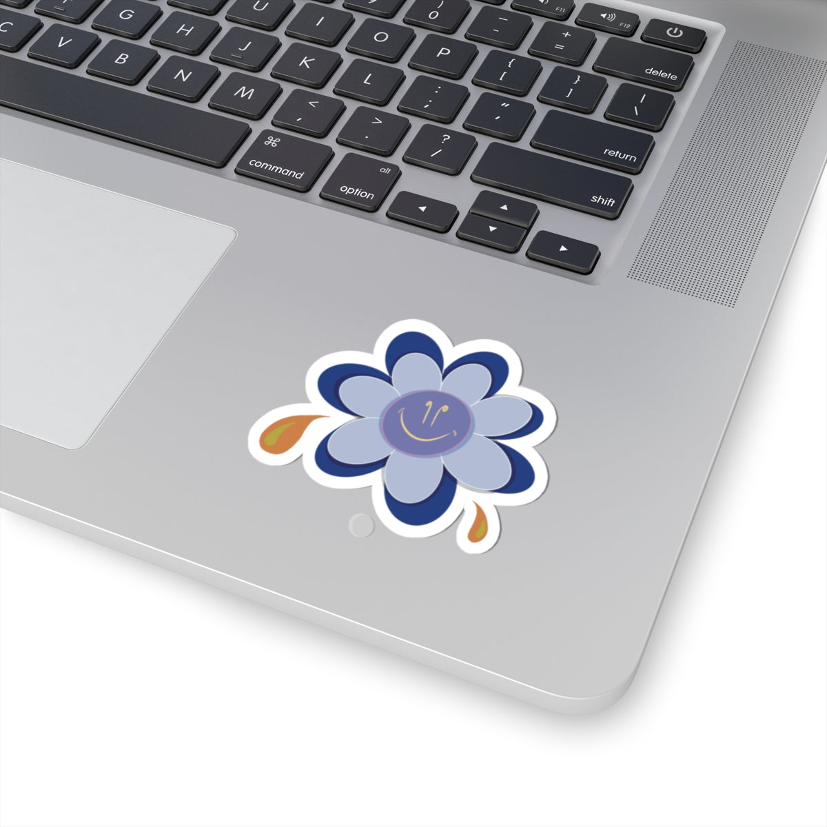 Blue Smiley Flower Kiss-Cut Sticker — Cute Laptop & Water Bottle Decal